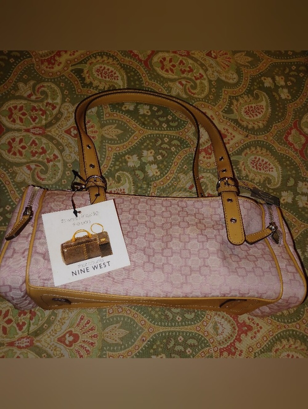 Nine West Pink Geometric Shoulder Bag Purse Zip Closure Mirror Tan Strap nwt new